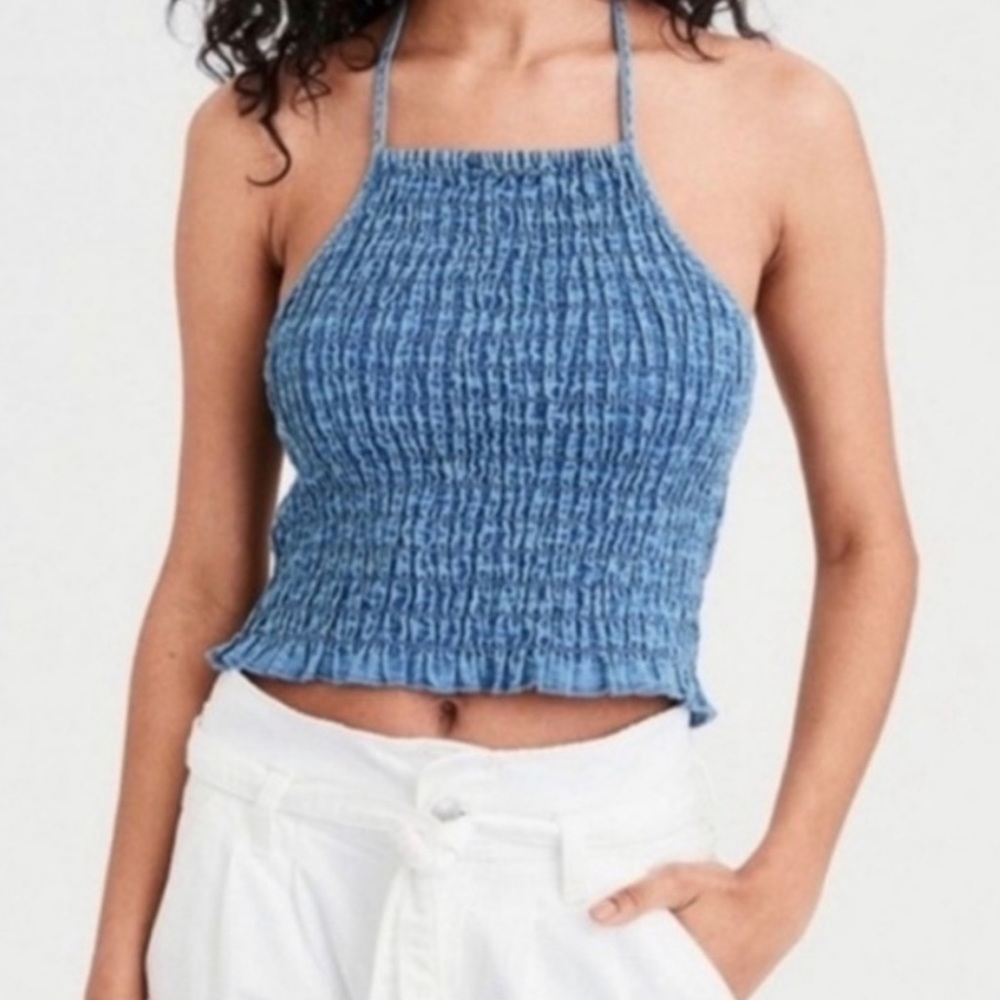 American Eagle Smocked Chambray Halter Top